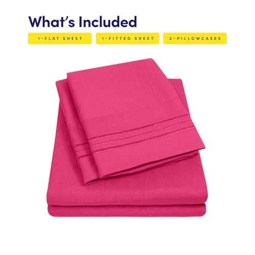 California King Size Sheet Set with Built-in Sheet Straps - Deep Pocket Fitted Sheet, Flat Sheet & Pillowcases - Soft, Wrinkle-Free, Secure Fit - Fuschia