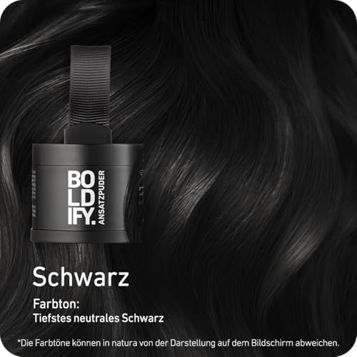 Foto von BOLDIFY Ansatzpuder 4g - Haar Concealer zur Haarverdichtung für Frauen und Männer, Grauabdeckung für 24h, wasserfestes Haar Make-up zum Ansatz kaschieren (Schwarz)
