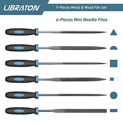 Libraton Metal File Set, Metal Files, 9PCs File Set, with Flat File, Round File, Half Round File and Needle Files of High Carbon Steel for Metal and Wood