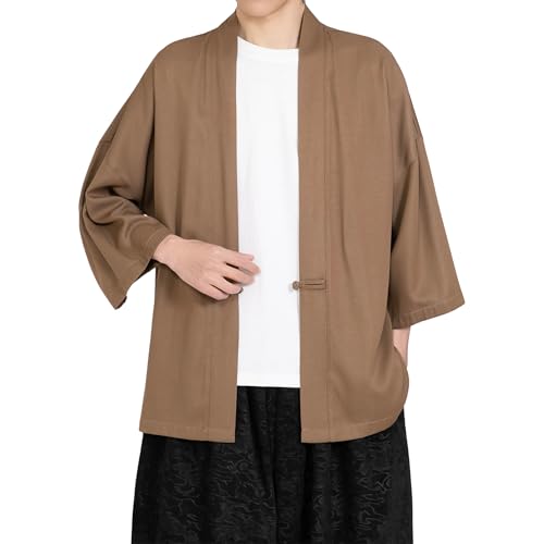Image of PRIJOUHE Men's Kimono Jackets Cardigan Casual Cotton Blends Linen Seven Sleeve Open Front Embroidery Coat