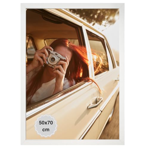 MARCOFOTO Marco de Fotos 50x70 cm Blanco Portafotos de Pared en MDF con Plexiglas - Ideal para Diplomas, Títulos Universitarios, Pósters y Fotografías - Decoración Hogar y Oficina