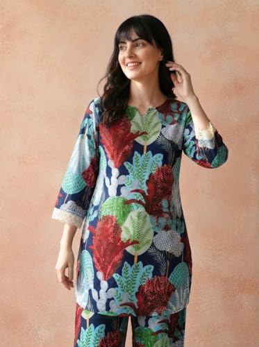 Image of Bee M Pee Designer Trendy Floral Printed Poly Rayon Cotton Kurta Coord Sets for Women | Stylish Casual Kurti Tunic Cord Set with Pant for Woman for Office