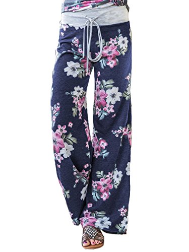 Image of iChunhua Women's Comfy Stretch Floral Print Drawstring Palazzo Wide Leg Lounge Pant