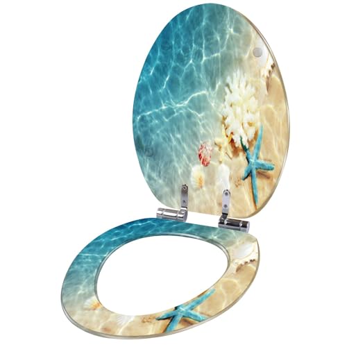 Elongated Toilet Seat Seashell summer beach sea water Summer Summer time Resin Toilet Seat Quietly Slow Close with Quick-Release Hinges Toilet Seat with Cover Easy to Clean Install
