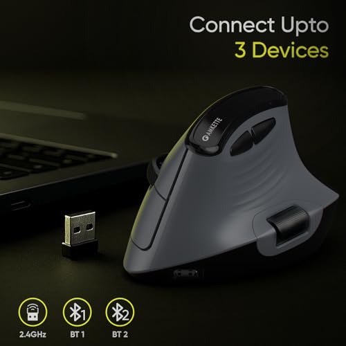 Image of Amkette XS Series Natural Vertical Wireless Mouse /Bluetooth Mouse with Side Scroll, 2.4GHz, 2 x BT, 7 Buttons, Multi-OS Compatibility, Rechargeable, 3200 DPI, Smart, Superior Design, 2 Yrs Warranty