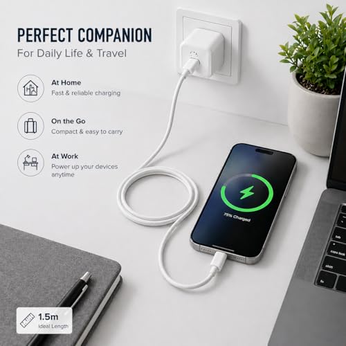 Image of Type C to Type C Cable 1.5m, White Braided USB C Cable, 50W Fast Charging PD Cable with Data Transfer, Reinforced Connector, Tangle-Free Charging Cable for Smartphones, Tablets & Type-C Devices