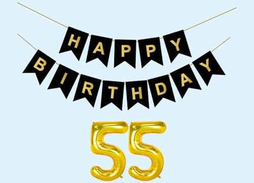 Image of 55th Happy Birthday Decoration Kit Black for 55 year Old Men Women Adults with Number Fifty-five Party Decorations Decor Celebration Items Item Set Combo Reusable Paper Banner