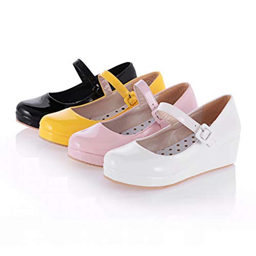 MIOKE Women's Round Toe Mary Jane Wedge Pumps Patent Leather Buckle Strap Chunky Mid Heel Retro Dress Shoes4
