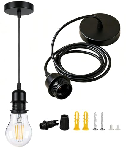Fiabtool [UL Listed] Black Pendant Light Kit Industrial, E26 Lamp Socket Adjustable Hanging Pendant Light, Vintage Edison Pendant Light Cord Fixture, Retro Ceiling Lamp Kit for Kitchen Island Hallway
