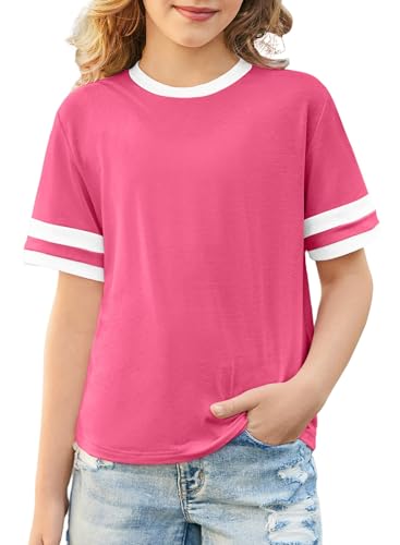 blibean Girls Shirts Big Kids Short Sleeve T Shirt Cute Summer Tops for Teen Girl Tweens Colorblock Striped Tees Fashion Spring Blouse Clothes Outfits Size 14 15 16 Year Old Rose Red