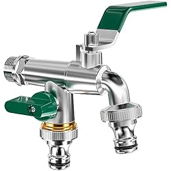 Grifo Doble Lavadora Y Fregadero Mesybveo grifos de jardines de 1/2´´, Grifo de Doble Salida de Latón, 3/4 Doble Grifo de Salida, grifo doble con conexión doble y boquilla para manguera, resistente Heladas, para Jardín,lavadora