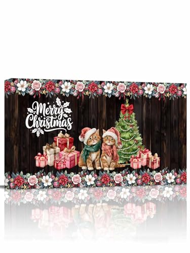 Christmas Modern Canvas Wall Art 12x24 inch, Winter Xmas Cats