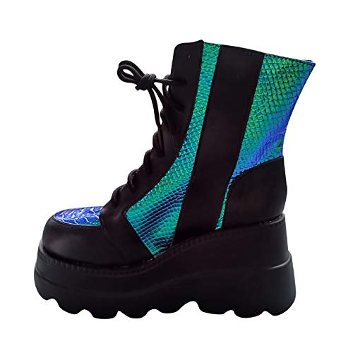 Lace Up Ankle Boots for Women, Round Toe Colorful Wedge Chunky High Heel Side Zipper Platform Non-Slip Combat Boots Black - Thumbnail 4