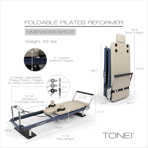 Tone Fitness Foldable Pilates Reformer – Low Portable Pilates Machine with Adjustable Resistance Bands, Smooth Glide Carriage & Full-Body at-Home Pilates Workout Equipment - Thumbnail 5
