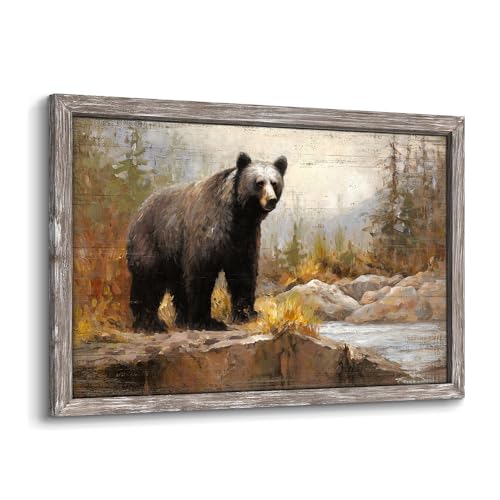 Bear Painting Framed Wall Art: Woodland Wildlife Picture Rustic Wild Animal Prints Farmhouse Wooden Artwork for Lodge Cabin Decor
