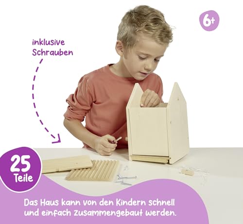 Eichhorn 100004581 Outdoor Vogelhaus aus Holz, zum Zusammenbauen und Bemalen, Inkl. Pinsel und Farben, 14x14x24cm Lindenholz, DIY