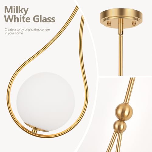 Image of Gold Pendant Lights Kitchen Island with Milky White Globe Glass, 1 Pack | Mid Century Adjustable Hanging Pendant Light Fixtures