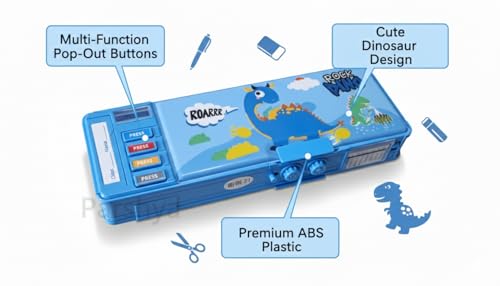 Image of KiddieWorld Kids Dinosaur Pencil Box with Multi-Function Pop-Out Buttons | Dual Storage, Built-in Sharpener, Writing Pad, Password Lock | Premium ABS Plastic Pencil Case for Boys & Girls
