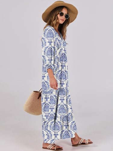 Image of ANRABESS Womens Boho Floral 3 /4 Puff Sleeve Maxi Dress | Tiered Flowy Loose Fit, Comfy Soft Rayon Fabric, Wedding Guest Church Beach, Modest Elegant, Spring Summer Fall Outfits