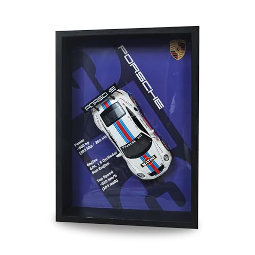 Image of CodersParadise - Porsche GT3 RS 3D Car Frame Wall Art | 1:32 Die-Cast Metal Model Car with Red & Blue Racing Stripes | Wooden Display Frame, Detachable Miniature, Interchangeable Posters, Pull-Back Action, Lights & Opening Doors | Collectible Gift for Cars Lovers