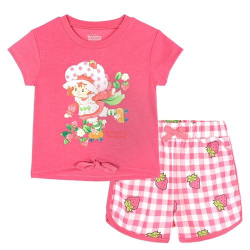 Strawberry Shortcake Little Girls Drop Shoulder T-Shirt and French Terry Dolphin Shorts Outfit Set Pink Gingham 7-8