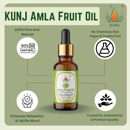 Image of KUNJ Amla Fruit Hair Oil (Phyllanthus emblica) 30ml - 100% Pure & Natural Cold Pressed Undiluted Therapeutic Grade for Hair Growth, Premature Grey Hair, Scalp Nourishment & Hair Fall Control