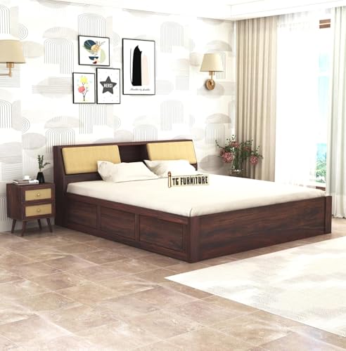 Image of TG Furniture Sheesham Wood King Size Bed with Storage | Wooden Double Bed with Box Storage for Bedroom & Hotel | Platform Cot Bed Palang | 78 X 72 Inch, Walnut Finish