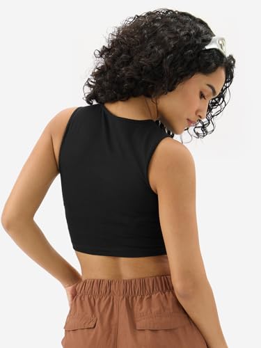 Image of The Souled Store Solids: Ink Black Women and Girls Sleeveless Round Neck Cotton Blend Slim Fit Cropped Tops