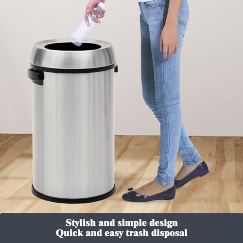 Image of GlowSol 17 Gallon Large Capacity Kitchen Trash Can, Commercial Open Trash Can, Heavy Duty Brushed Stainless Steel Garbage Can, 65 Liter, Suitable for Kitchen Outdoor Office