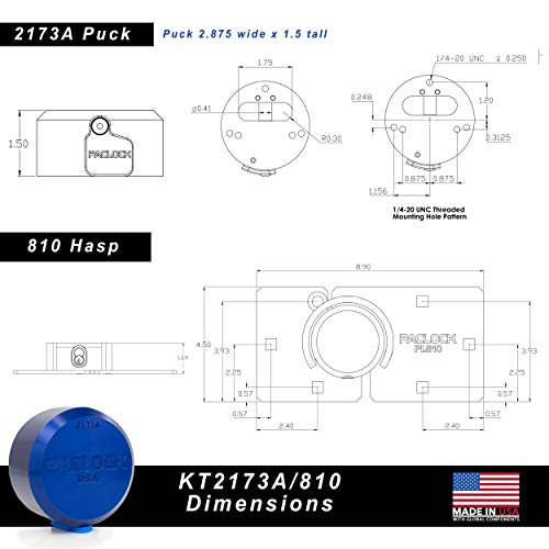 Image of PACLOCK's KT2173A /810 Hasp and Puck Combo Kit, Buy American Act Compliant, High Security 6-Pin Cylinder, One Lock Keyed to #26541 w / 2 Keys, Blue Anod. Alum. Puck, Double Coated Grey Hasp