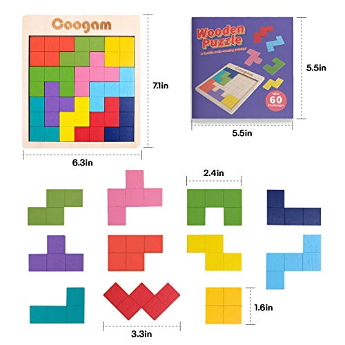 Coogam Wooden Puzzle Pattern Blocks Brain Teasers Game with 60 Challenges, 3D Russian Building Toy Wood Tangram Shape Jigsaw Puzzles Montessori STEM Educational Toys Gift for Kids Adults - Image 4