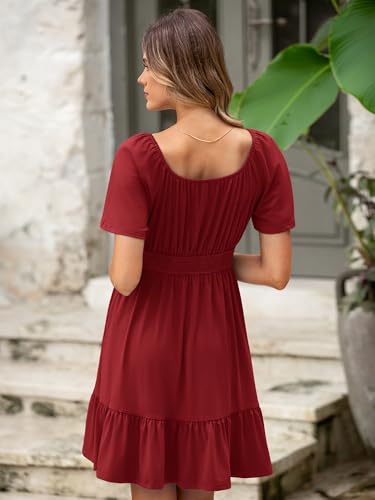 Image of Simplee Womens Summer Dresses 2026 Mini Square Neck Casual Short Sleeve Shirred Flowy A-Line Dress with Pockets