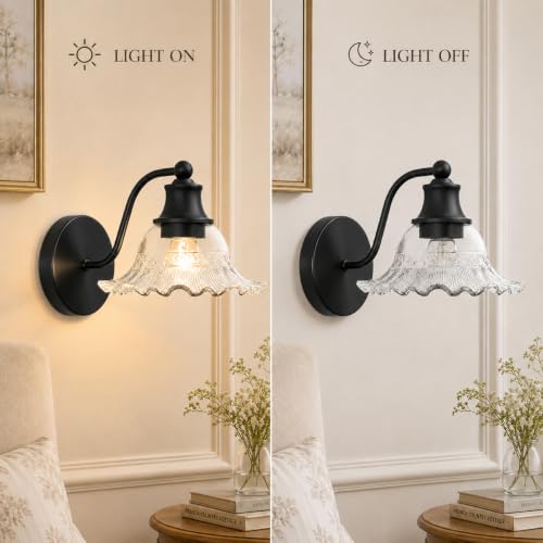 Image of Matte Black Bathroom Wall Sconce Vintage Style, E26 Easy Mounted | Vanity Light with Flower Glass Shade, Bathroom Wall Lighting Fixture Beside Mirror, Easy Mounted for Bedroom, Hallway