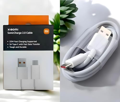 Image of USB to Type C 33W Cable, 3A Fast Charging Cable with Up to 180 Mbps Speed Data Transfer & Sync Cord Compatible With All Xiaomi Smartphones and Devices, White (1 Meter)