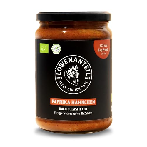 Löwenanteil - 100% Bio-Paprika Hähnchen - 570g Glas - Proteinreiches Bio-Fertiggericht mit Hühnchen Paprika Kichererbsen & weiteren Bio-Zutaten - Ohne Zuckerzusatz & Glutenfrei
