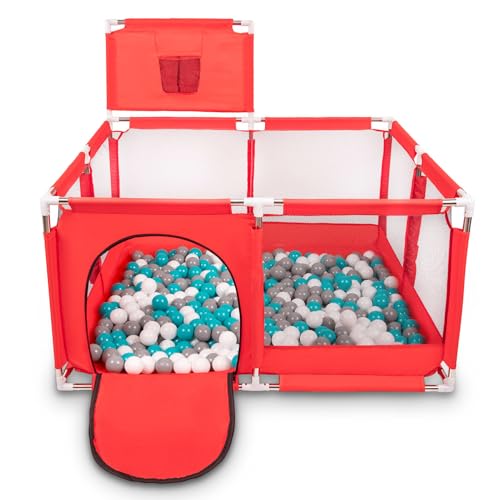 Selonis Parc Bébé Avec 200 Balles Plastiques Aire De Jeu Pliable Basket, Rouge:Gris/Blanc/Turquoise