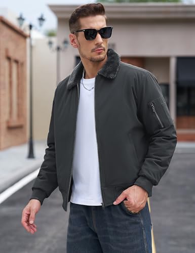 Image of TACVASEN Men's Fleece Jacket Full Zip Up Warm Bomber Jackets for Daily Wear | Winter thick jacket coat for men , fur collared bomber style with 4ple pockets for travel, outdoor walking