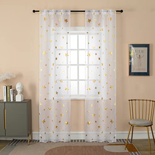 GIRASOLE HOME® Paire de rideaux en voile filtrant à motif d'étoiles dorées, rideau blanc pour intérieur avec poche et passants cachés, 2 panneaux (Étoiles or, 70...