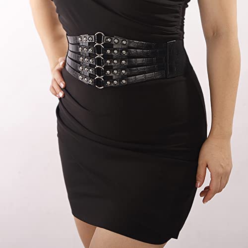 Wiwpar Punk Black Fashion Women's PU Leather Wide Waist Belt Hollow Out Rivets Stretch Cinch Waistband Sexy Women's Elastic Waist Belt for Halloween Costume Jewelry (Silver Black)2