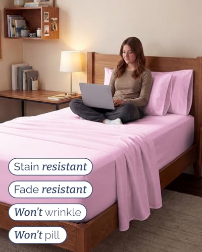 Image of Extra Deep Twin XL Sheet Set - 4 Piece Breathable & Cooling - Light Pink | Hotel Luxury Bed Sheets Set, Easy & Secure Fit, Ultra-Soft, Wrinkle & Fade Free, Comfy Sheets Set with Extra Deep Pockets