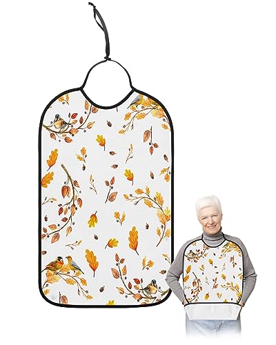 Fall Adult Bibs for Eating, Waterproof Bibs with Food Catcher & Adjustable Snap Closure, Orange Ombre Maple Leaf Autumn Botanical Birds Washable Clothing Protectors Adult Bibs for Elderly Women/Men