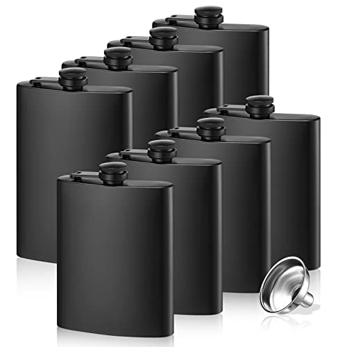 8Pcs Hip Flask For Liquor For Men Women, Matte Black 8 Oz & 12 Oz Stainless Steel Leakproof And Funnel With Never-Lose Metal Cap, Drinking Flasks For Wedding Party, Outdoor Activities, Gift #TOP6