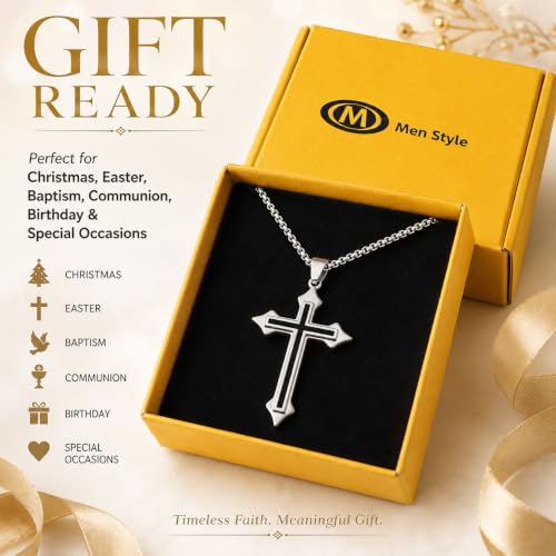 Image of M Men Style Religious Lord Jesus Christain Christ Cross Black and Silver Stainless Steel Pendant Necklace Chain for Men and Women SujalPn20221097