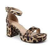 ABSOLEX Women Open Toe Ankle Buckle Strap Platform Chunky Heel Sandals, Leopard, 8