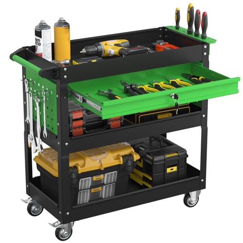 Image of 3 Tier Heavy Duty Rolling Tool Cart with Drawers, Large Storage Utility Cart on Wheels for Garage, Warehouse, Repair Shop (Black&Green)