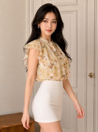 Image of Women's Shirt | Premium Chiffon Allover Print Sleeveless Shirts for Casual & Office Wear | Stylish Summer Button-Down Shirt for Girls & Women