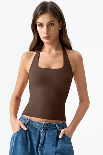 Image of QINSEN Womens Halter Top Double Lined Tank Top Sleeveless Open Back Slim fit Going Out Tops