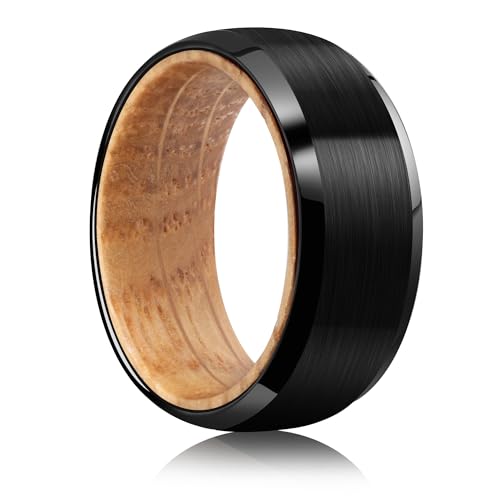 JEWPER Tungsten Rings for Men Womens 8mm Black Silver Fashion Promise Wedding Band Carbide Inner Hole Inlaid Whiskey Barrel Wood Chamfer Frosted Matte Finish Edge Comfort Fit size 7-12(8)