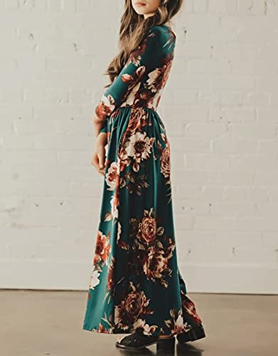 21KIDS Girls Maxi Dress Floral 3/4 Long Sleeve Dresses with Pockets for Girls 6-12 Years3