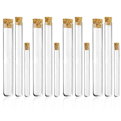 Wandefol 12 Pcs Éprouvettes Tubes à Essai en Verre, 20ml 50ml 80ml Éprouvette Transparent avec Bouchon Liège Accessoire Laboratoire Cover